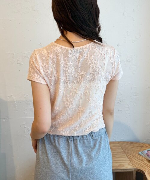 w closet(ダブルクローゼット)の「なみなみジャガードレースT カーディガン 夏服(Tシャツ/カットソー・レディース・ブラック/オフホワイト/ブラウン/サックスブルー/ピンク・FREE)」の8枚目の写真