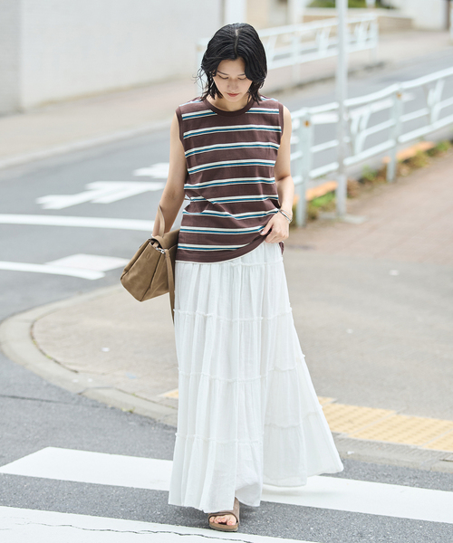 JOURNAL STANDARD(ジャーナルスタンダード)の「《追加3》汗ジミ防止天竺ボーダーノースリーブ(Tシャツ/カットソー・レディース・グリーン/ベージュ/ブラック/ウッド・FREE)」の6枚目の写真
