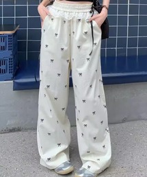 リボン付きハイウエスト・ルーズフィット・ドレープ感あるワイドパンツ