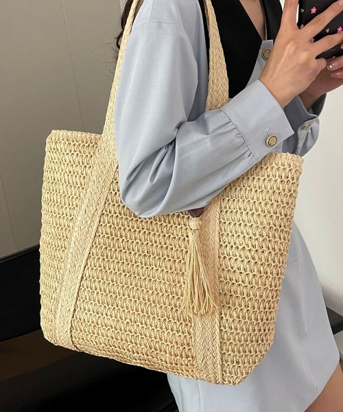 Miniministore(ミニミニストア)の「カゴバッグ 大容量 編み込みトートバッグ(かごバッグ・レディース・ベージュ/アイボリー/カーキ・FREE)」の3枚目の写真
