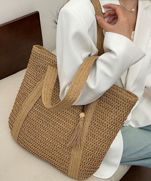 Miniministore(ミニミニストア)の「カゴバッグ 大容量 編み込みトートバッグ(かごバッグ・レディース・ベージュ/アイボリー/カーキ・FREE)」の14枚目の写真