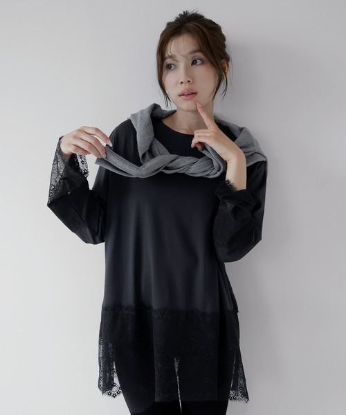 AMUU. PRECIEUSE(アムープレシューズ)の「レースドッキングロングTシャツ(Tシャツ/カットソー・レディース・オフホワイト/ブラック・FREE)」の2枚目の写真