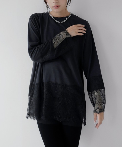 AMUU. PRECIEUSE(アムープレシューズ)の「レースドッキングロングTシャツ(Tシャツ/カットソー・レディース・オフホワイト/ブラック・FREE)」の13枚目の写真