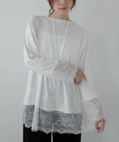 AMUU. PRECIEUSE(アムープレシューズ)の「レースドッキングロングTシャツ(Tシャツ/カットソー・レディース・オフホワイト/ブラック・FREE)」の3枚目の写真