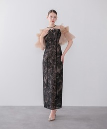 【LEJA】ビッグフラワースパンコールチュールボリュームスリーブパイピングIラインワンピースドレス美脚効果結婚式 パーティードレス 成人式 二次会 同窓会 お呼ばれ オケージョン 20代 30代