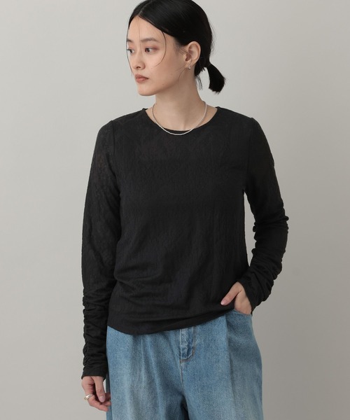 A part by(アパートバイ)の「レースジャガードシャーリング_長袖(Tシャツ/カットソー・レディース・ブラック/ホワイト・FREE)」の2枚目の写真