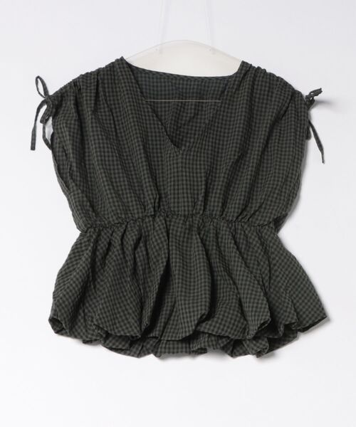 CECIL McBEE(セシルマクビー)の「【CECIL McBEE】しぼ有りギンガムチェックフレンチスリーブブラウス(シャツ/ブラウス・レディース・モカ/チャコールグレー・MEDIUM/LARGE)」の2枚目の写真