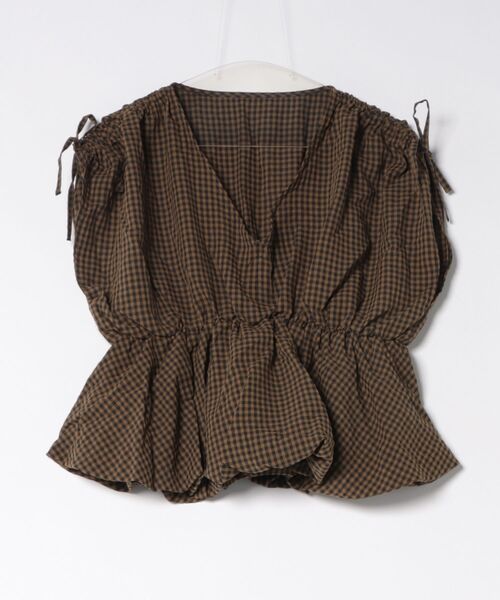 CECIL McBEE(セシルマクビー)の「【CECIL McBEE】しぼ有りギンガムチェックフレンチスリーブブラウス(シャツ/ブラウス・レディース・モカ/チャコールグレー・MEDIUM/LARGE)」の1枚目の写真