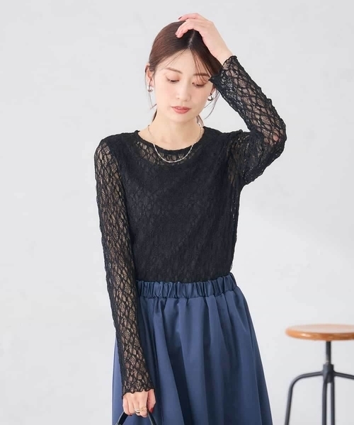 a.v.v(アーヴェヴェ)の「ストレッチ レース トップス(Tシャツ/カットソー・レディース・アイボリー/ブラック・38/40)」の12枚目の写真