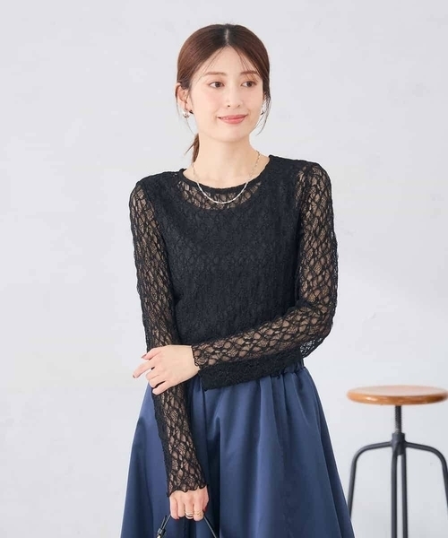 a.v.v(アーヴェヴェ)の「ストレッチ レース トップス(Tシャツ/カットソー・レディース・アイボリー/ブラック・38/40)」の13枚目の写真