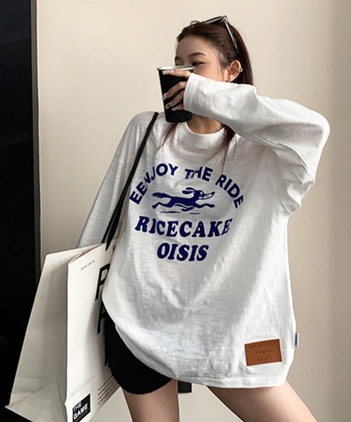 Dalfwin（ダールフィン）の「ENJOY裾フェイクレザーラベル付きフロッキープリント長袖Tシャツ（Tシャツ/カットソー・レディース・ホワイト/オレンジ・FREE）」の20枚目の写真