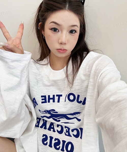 Dalfwin（ダールフィン）の「ENJOY裾フェイクレザーラベル付きフロッキープリント長袖Tシャツ（Tシャツ/カットソー・レディース・ホワイト/オレンジ・FREE）」の16枚目の写真