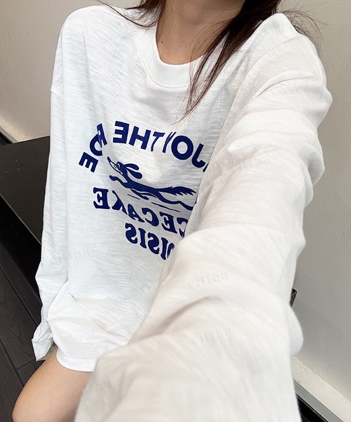 Dalfwin（ダールフィン）の「ENJOY裾フェイクレザーラベル付きフロッキープリント長袖Tシャツ（Tシャツ/カットソー・レディース・ホワイト/オレンジ・FREE）」の15枚目の写真