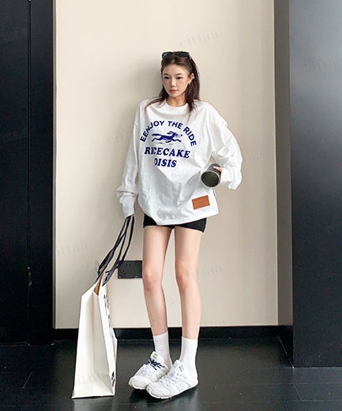 Dalfwin（ダールフィン）の「ENJOY裾フェイクレザーラベル付きフロッキープリント長袖Tシャツ（Tシャツ/カットソー・レディース・ホワイト/オレンジ・FREE）」の14枚目の写真