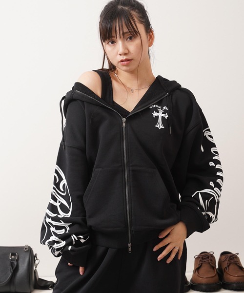 1111clothing(ワンフォークロージング)の「【セットアップ対応】捲縮裏毛 レタリング ZIPパーカー / Crimp French Terry Lettering Zip-Up Hoodie(パーカー・メンズ・ブラック/アッシュ・M/L)」の7枚目の写真