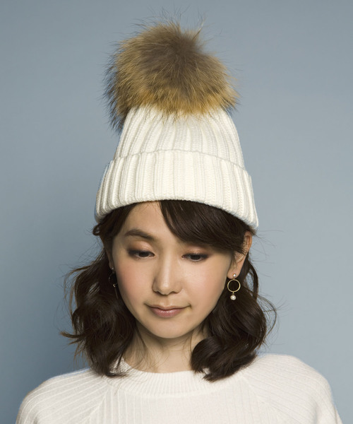 PLAIN CLOTHING（プレーンクロージング）の「リアルファーポンポンニットキャップ【PLAIN CLOTHING】（ニットキャップ/ビーニー・レディース・ベージュ/ネイビー/ホワイト/ボルドー/グレー/ブラック/アイボリー・FREE）」の17枚目の写真