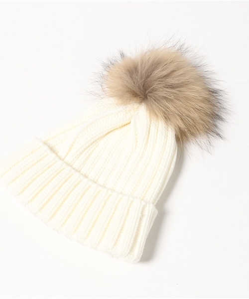 PLAIN CLOTHING（プレーンクロージング）の「リアルファーポンポンニットキャップ【PLAIN CLOTHING】（ニットキャップ/ビーニー・レディース・ベージュ/ネイビー/ホワイト/ボルドー/グレー/ブラック/アイボリー・FREE）」の10枚目の写真