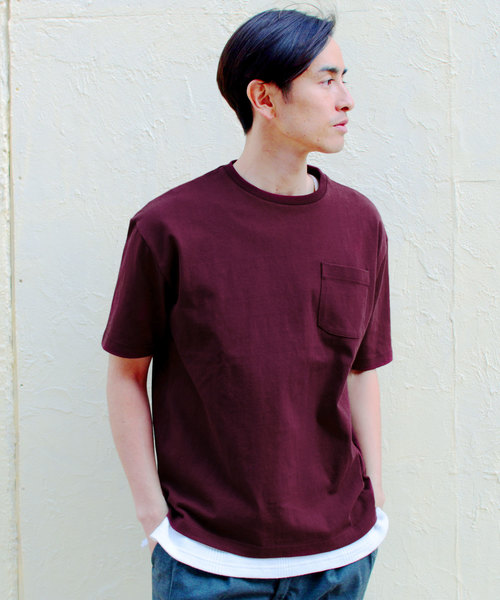 THE CASUAL(カジュアル)の「ポケット付きベビーウエイトドロップショルダーワイド半袖カットソー(Tシャツ/カットソー・メンズ・ワイン/サックスブルー/スモークピンク/ホワイト/ブラック/ネイビー/カーキ/テラコッタ/ホワイト×ネイビー/杢グレー/ホワイト×ブラック/パープル・L/S/M/2XL/XL)」の12枚目の写真