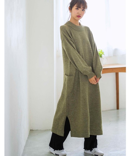 GeeRA(ジーラ)の「【WEB限定】ボリュームスリーブスリットニットワンピ(ワンピース)」|グリーン