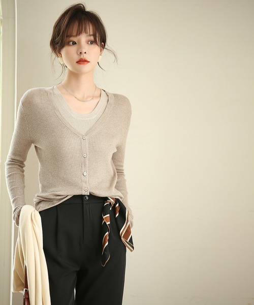 リブ編みタイトVネックニットカーディガン（カーディガン/ボレロ