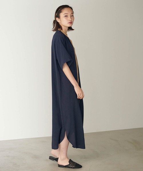 シャツワンピ シャツワンピース ストライプ ノーカラー 前開き shi cogn xi