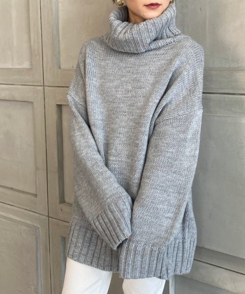 moment+（モーメントプラス）の「3G ビッグタートル ショート丈ニットプルオーバー（ニット/セーター・レディース・チャコールグレー/ブラック/パープル/ブラウン/オレンジ/グリーン/ライトグリーン/アイボリー/グレイッシュベージュ/杢グレー・FREE）」の14枚目の写真