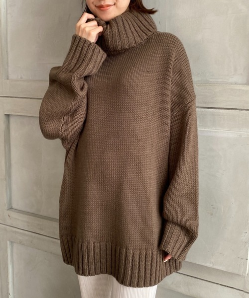 moment+（モーメントプラス）の「3G ビッグタートル ショート丈ニットプルオーバー（ニット/セーター・レディース・チャコールグレー/ブラック/パープル/ブラウン/オレンジ/グリーン/ライトグリーン/アイボリー/グレイッシュベージュ/杢グレー・FREE）」の20枚目の写真