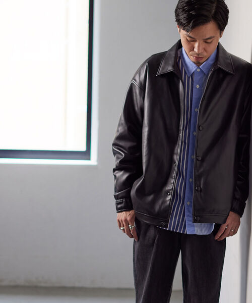 NOLLEY'S goodman（ノーリーズグッドマン）の「【WORK ABOUT/ワークアバウト】CREW JACKET フェイクレザー コーチジャケット（ライダースジャケット・メンズ・ブラック/グレー・S/M/L）」の16枚目の写真
