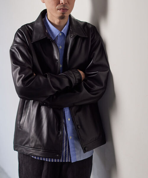 NOLLEY'S goodman（ノーリーズグッドマン）の「【WORK ABOUT/ワークアバウト】CREW JACKET フェイクレザー コーチジャケット（ライダースジャケット・メンズ・ブラック/グレー・S/M/L）」の19枚目の写真