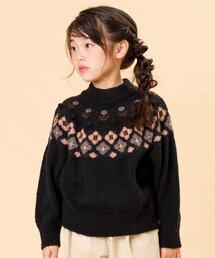 /クラフト風フェアアイル柄フラワーセーター