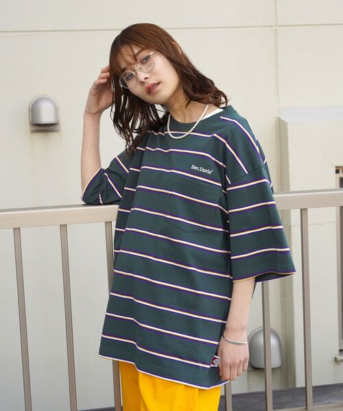 BEN DAVIS（ベンデイビス）の「【BEN DAVIS(ベンデイビス)】MULTI BORDER BIG TEE / マルチ ボーダー ビッグ Tシャツ（Tシャツ/カットソー・メンズ・イエロー/パープル系その他3/チャコール/ダークグリーン・X-LARGE/LARGE/MEDIUM）」の3枚目の写真