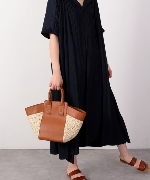 COOCO(クーコ)の「ペーパーxフェイクレザーコンビ2WAYカゴバッグ(かごバッグ)」|キャメル