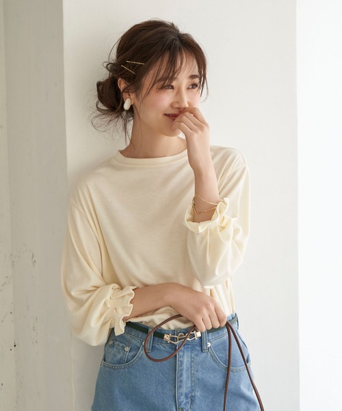 BELLUNA PLUS（ベルーナ）の「タックスリーブデザインプルオーバー（Tシャツ/カットソー・レディース・ブラック/グレー/アイボリー/ホワイト×ブラック・MEDIUM/LARGE/X-LARGE）」の14枚目の写真