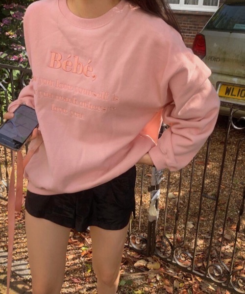 LAC-VERT（ラック・ヴェール）の「【選べる裏地/裏起毛】Bebe刺繍カラーロゴスウェット/トレーナー（スウェット・レディース・ブラック/ベージュ/グリーン/その他6/その他1/その他5/その他2/その他3/その他4/グレー/ピンク/ネイビー・FREE）」の7枚目の写真
