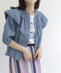 デニム/無地フリルギャザーブラウス