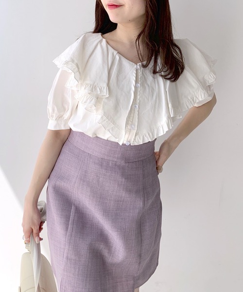 OLIVE des OLIVE(オリーブデオリーブ)の「ラッフルケープカラー半袖ブラウス(シャツ/ブラウス・レディース・オフホワイト/サックスブルー/ネイビー・FREE)」の7枚目の写真