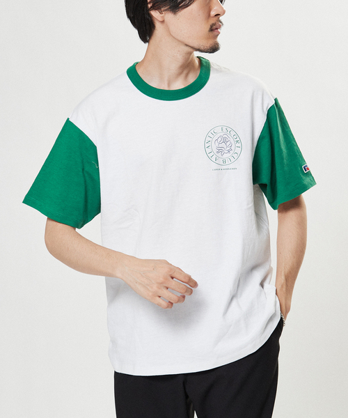 EDIFICE(エディフィス)の「【RUSSELL ATHLETIC】別注 AE.CLUB ベースボールTシャツ(Tシャツ/カットソー・メンズ・ネイビー/グリーン・MEDIUM/LARGE)」の1枚目の写真