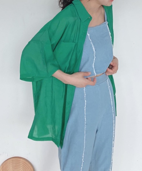 AS KNOW AS plus（アズノゥアズプラス）の「●Wポケット サイドスリット 半袖シアーシャツ（シャツ/ブラウス・レディース・ブラック/オフホワイト/オレンジ/グリーン/グリーン系その他・FREE）」の18枚目の写真