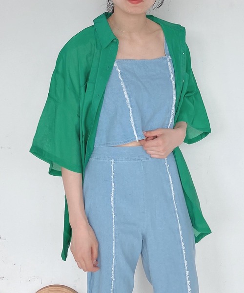 AS KNOW AS plus（アズノゥアズプラス）の「●Wポケット サイドスリット 半袖シアーシャツ（シャツ/ブラウス・レディース・ブラック/オフホワイト/オレンジ/グリーン/グリーン系その他・FREE）」の9枚目の写真