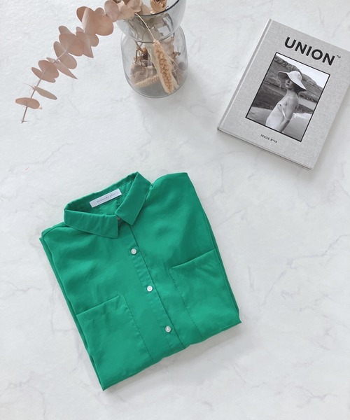 AS KNOW AS plus（アズノゥアズプラス）の「●Wポケット サイドスリット 半袖シアーシャツ（シャツ/ブラウス・レディース・ブラック/オフホワイト/オレンジ/グリーン/グリーン系その他・FREE）」の14枚目の写真