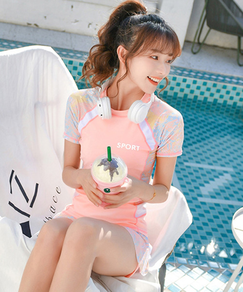 TeddyShop（テディショップ）の「レディース 高校生 水着体型カバー 半袖パステルメッシュラッシュガード+ショートパンツ 2点セット（水着・レディース・ブルー/ピンク・3L/M/L/LL）」の8枚目の写真