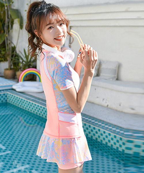 TeddyShop（テディショップ）の「レディース 高校生 水着体型カバー 半袖パステルメッシュラッシュガード+ショートパンツ 2点セット（水着・レディース・ブルー/ピンク・3L/M/L/LL）」の9枚目の写真