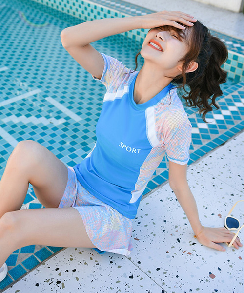 TeddyShop（テディショップ）の「レディース 高校生 水着体型カバー 半袖パステルメッシュラッシュガード+ショートパンツ 2点セット（水着・レディース・ブルー/ピンク・3L/M/L/LL）」の4枚目の写真