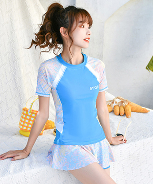 TeddyShop（テディショップ）の「レディース 高校生 水着体型カバー 半袖パステルメッシュラッシュガード+ショートパンツ 2点セット（水着・レディース・ブルー/ピンク・3L/M/L/LL）」の5枚目の写真