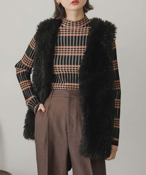 SENSE OF PLACE by URBAN RESEARCH（センスオブプレイスバイアーバンリサーチ）の「ボーダーチェックリブハイネックセーター（ニット/セーター・レディース・ベージュ系その他/ブラウン系その他/ブラック系その他・ONE）」の11枚目の写真