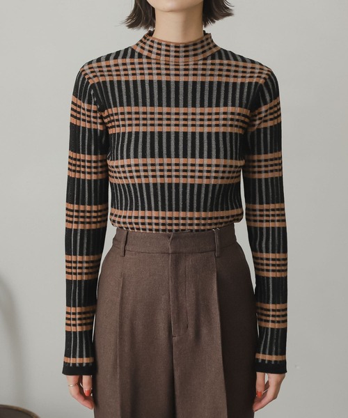SENSE OF PLACE by URBAN RESEARCH（センスオブプレイスバイアーバンリサーチ）の「ボーダーチェックリブハイネックセーター（ニット/セーター・レディース・ベージュ系その他/ブラウン系その他/ブラック系その他・ONE）」の9枚目の写真