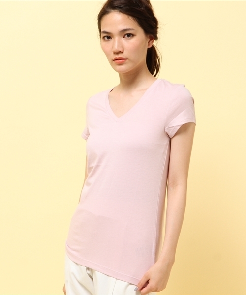 GIORDANO（ジョルダーノ）の「[GIORDANO]Vネック半袖Ｔシャツ（Tシャツ/カットソー・レディース・レッド系その他/オレンジ/ホワイト系その他/オレンジ系その他/イエロー/ピンク/レッド/ネイビー/ダークネイビー/ライトパープル/グレー/ダークグレー/グリーン/ホワイト/ホワイト×ブルー/ブラック・MEDIUM/SMALL/LARGE/X-LARGE）」の12枚目の写真