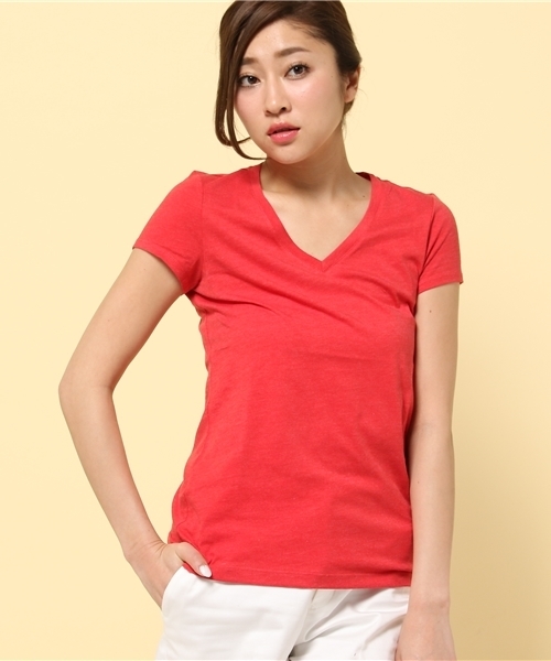 GIORDANO（ジョルダーノ）の「[GIORDANO]Vネック半袖Ｔシャツ（Tシャツ/カットソー・レディース・レッド系その他/オレンジ/ホワイト系その他/オレンジ系その他/イエロー/ピンク/レッド/ネイビー/ダークネイビー/ライトパープル/グレー/ダークグレー/グリーン/ホワイト/ホワイト×ブルー/ブラック・MEDIUM/SMALL/LARGE/X-LARGE）」の16枚目の写真