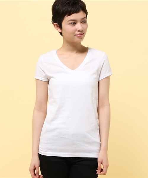 GIORDANO（ジョルダーノ）の「[GIORDANO]Vネック半袖Ｔシャツ（Tシャツ/カットソー・レディース・レッド系その他/オレンジ/ホワイト系その他/オレンジ系その他/イエロー/ピンク/レッド/ネイビー/ダークネイビー/ライトパープル/グレー/ダークグレー/グリーン/ホワイト/ホワイト×ブルー/ブラック・MEDIUM/SMALL/LARGE/X-LARGE）」の3枚目の写真