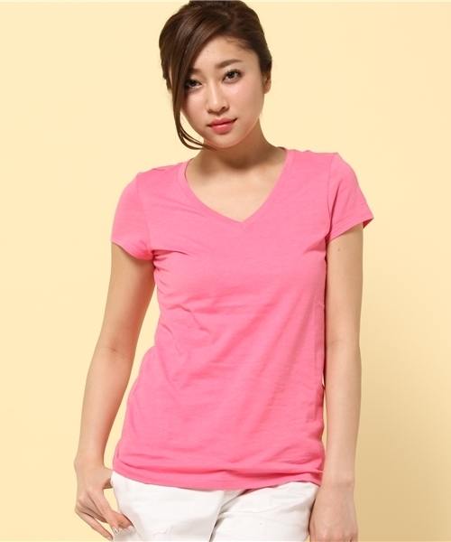 GIORDANO（ジョルダーノ）の「[GIORDANO]Vネック半袖Ｔシャツ（Tシャツ/カットソー・レディース・レッド系その他/オレンジ/ホワイト系その他/オレンジ系その他/イエロー/ピンク/レッド/ネイビー/ダークネイビー/ライトパープル/グレー/ダークグレー/グリーン/ホワイト/ホワイト×ブルー/ブラック・MEDIUM/SMALL/LARGE/X-LARGE）」の14枚目の写真